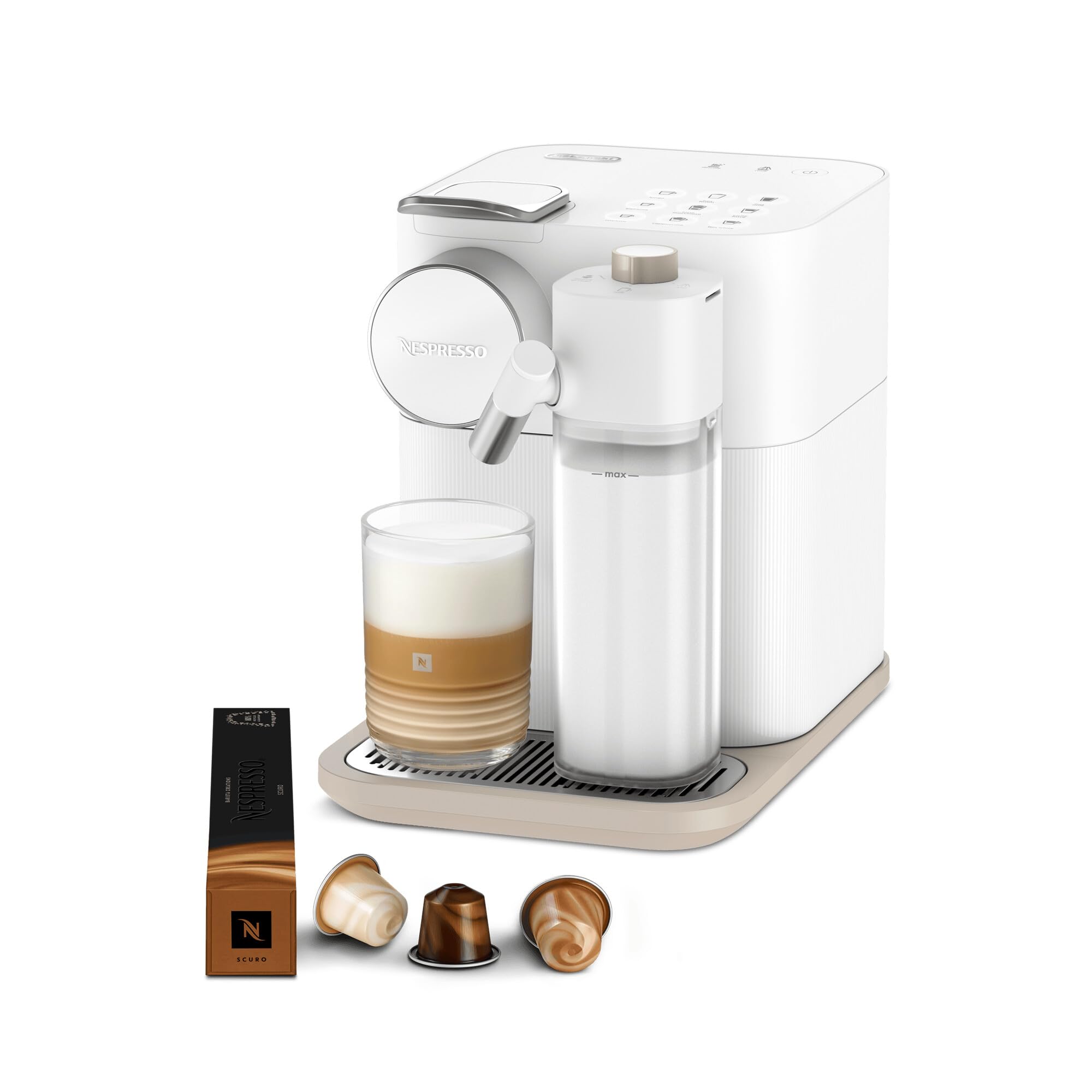 Kaffren - Gran Lattissima Kaffeemaschine Wiiss, 19 Bar + Willkommenskit, kompakts Design, Espresso, Lungo und Milchrezept, Automatischi Abschaltig, Wiiss
