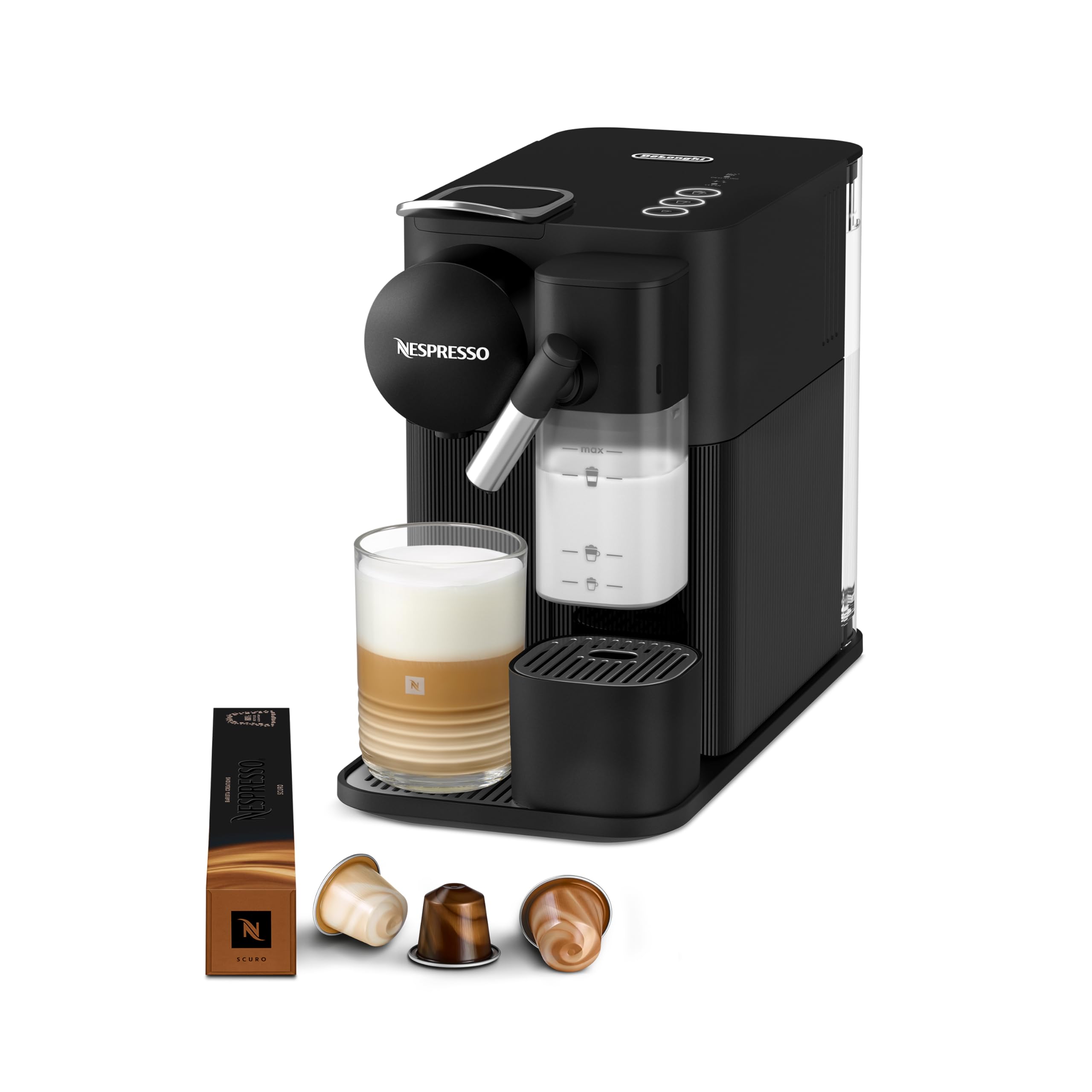 Kaffren - Lattissima One Schwarzi Kaffeemaschine, 19 Bar + Willkommenskit, kompakts Design, Espresso, Lungo und Milchrezept, Automatischi Abschaltig, Schwarz